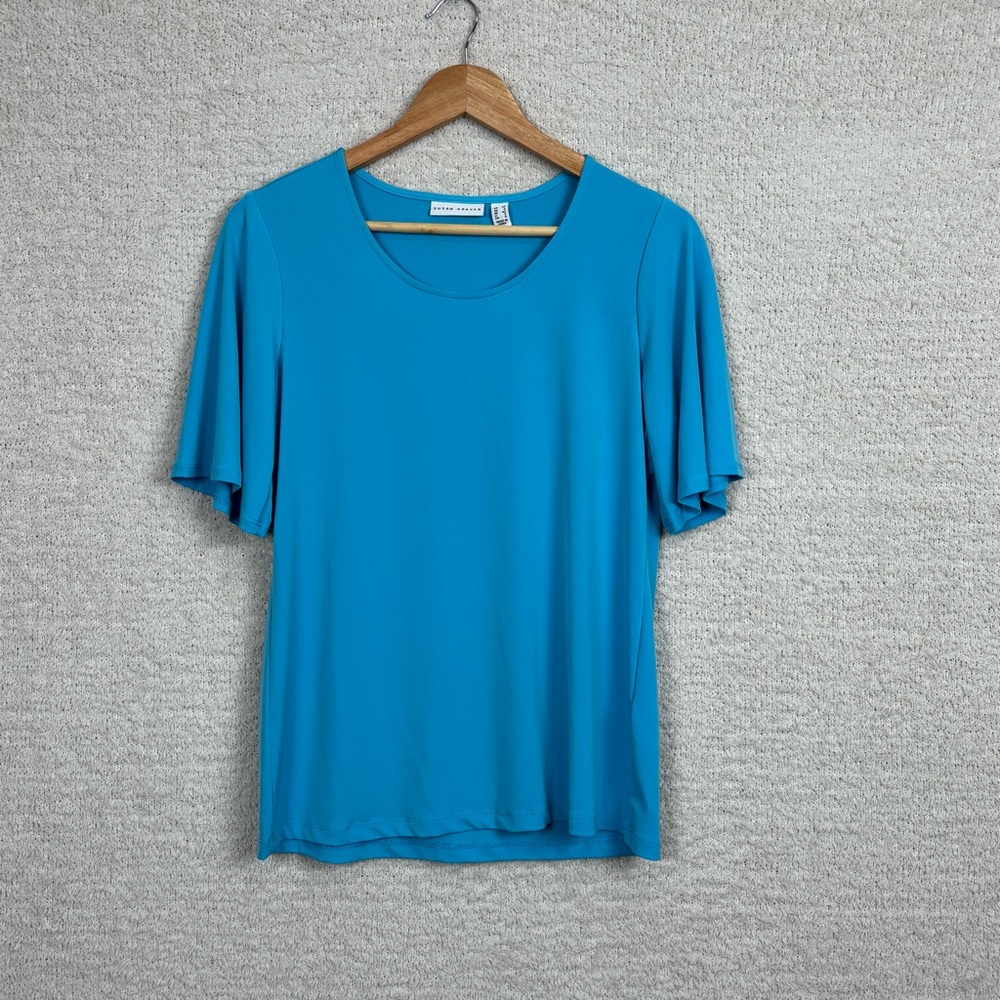 Susan Graver Top Womens XS Blue Liquid Knit Short Sleeve Pull Over Casual Comfor